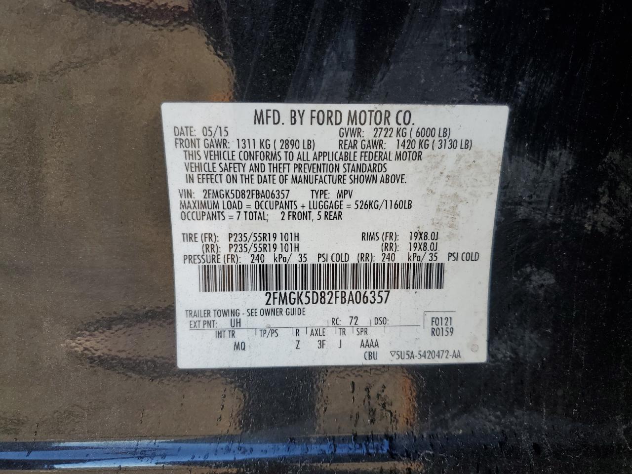 2015 Ford Flex Limited VIN: 2FMGK5D82FBA06357 Lot: 91568925