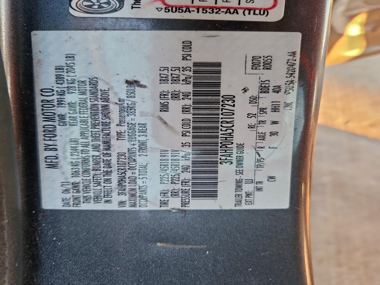 2012 Ford Fusion Se VIN: 3FAHP0HA5CR107230 Lot: 93845425