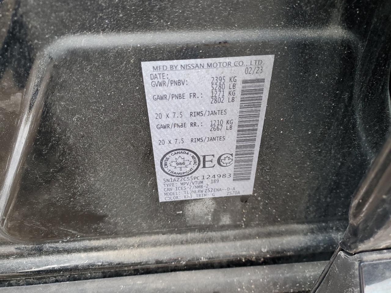 2023 Nissan Murano Sl VIN: 5N1AZ2CS5PC124983 Lot: 92706375