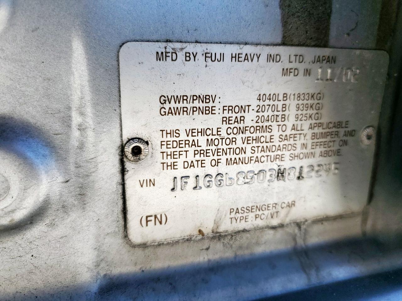 2003 Subaru Impreza Outback Sport VIN: JF1GG68503H812245 Lot: 91361185