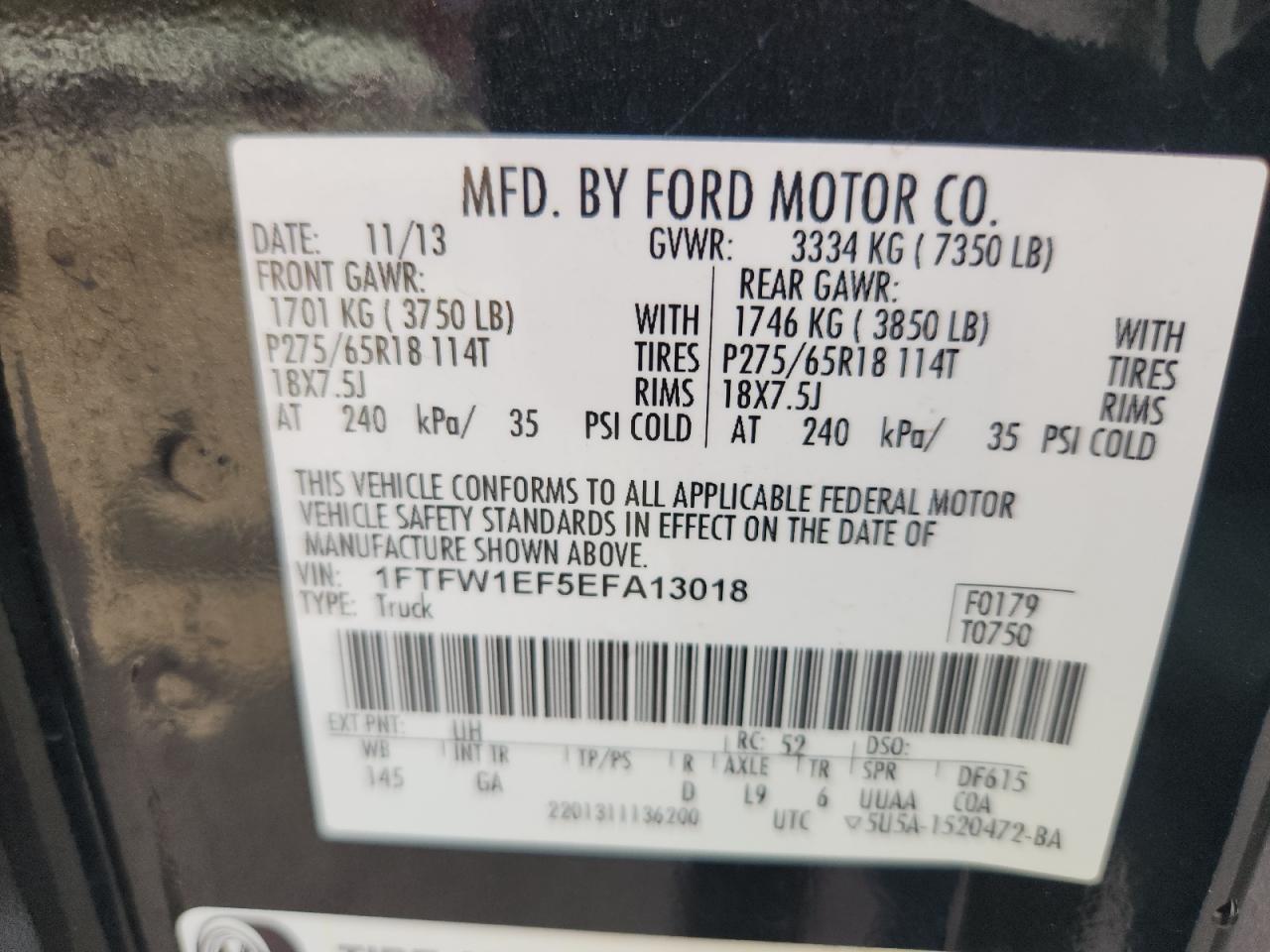 2014 Ford F150 Supercrew VIN: 1FTFW1EF5EFA13018 Lot: 92714175