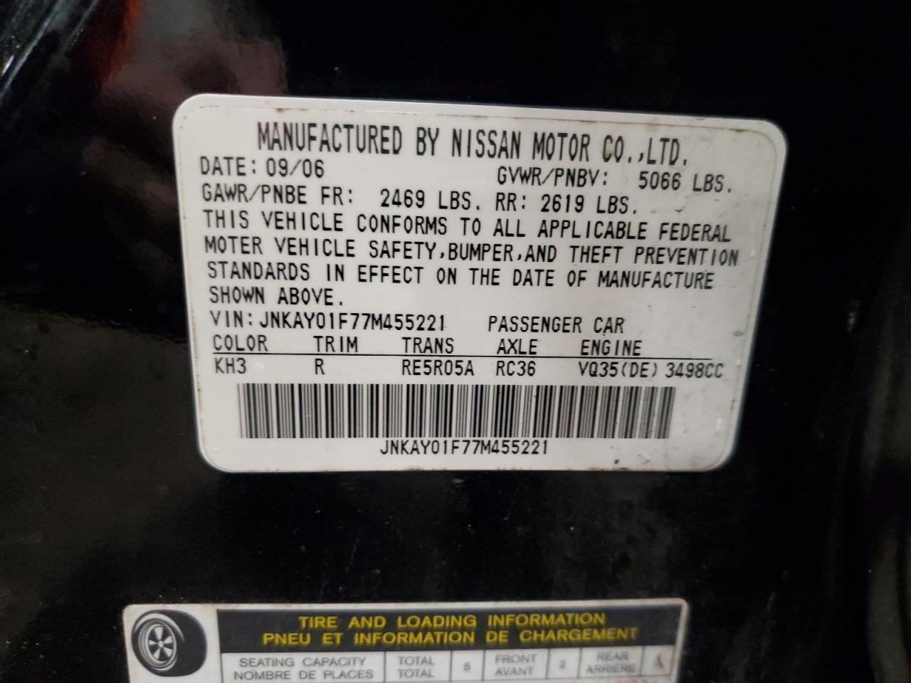 2007 Infiniti M35 Base VIN: JNKAY01F77M455221 Lot: 93197805