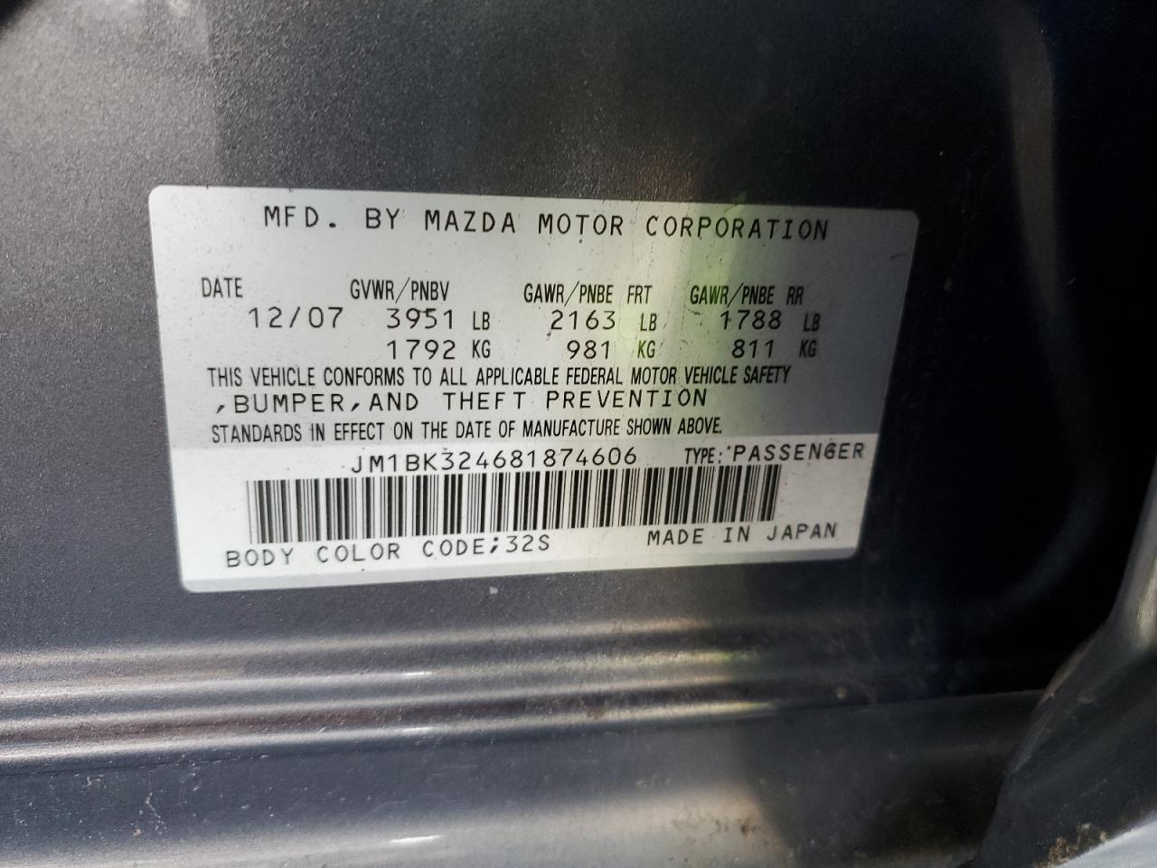 2008 Mazda 3 S VIN: JM1BK324681874606 Lot: 92881855