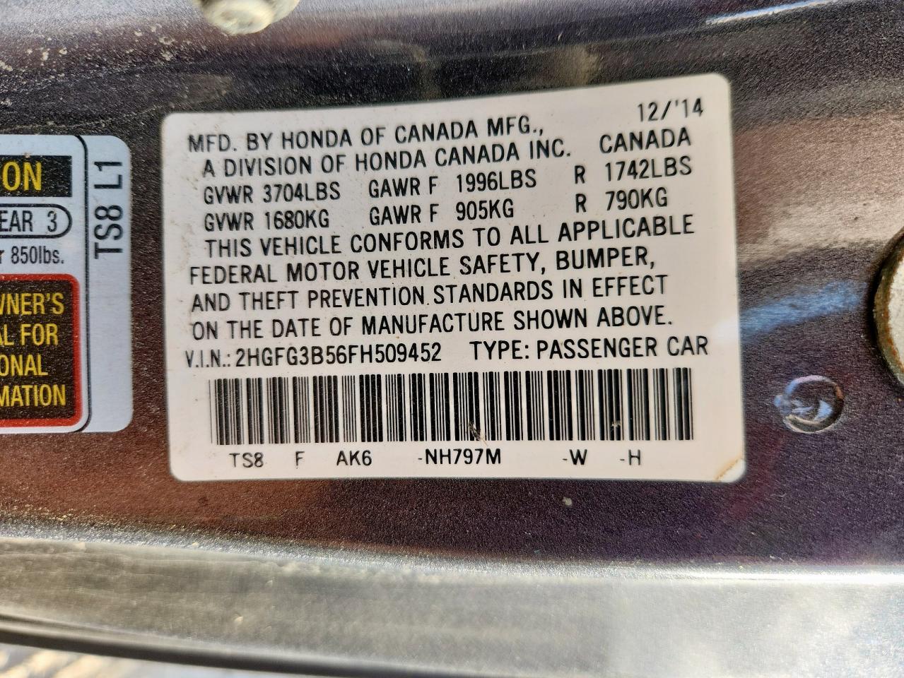 2015 Honda Civic Lx VIN: 2HGFG3B56FH509452 Lot: 93356975