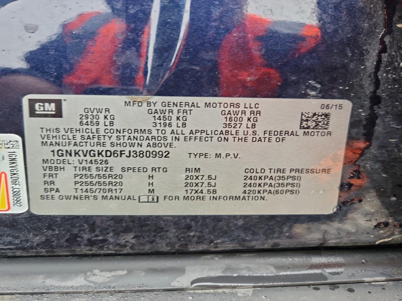 2015 Chevrolet Traverse Lt VIN: 1GNKVGKD6FJ380992 Lot: 93083025
