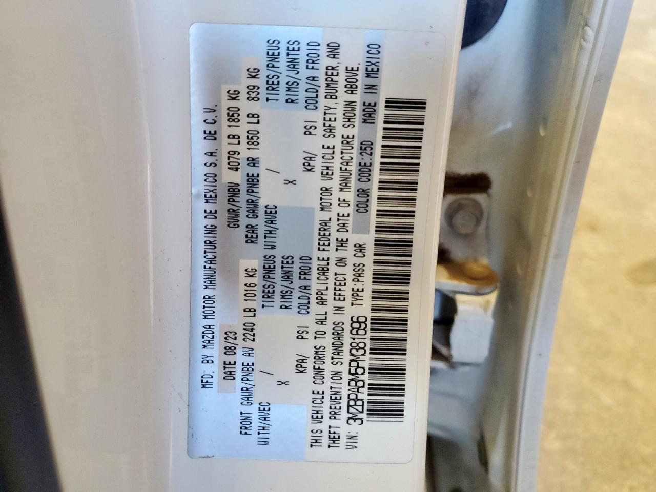 2023 Mazda 3 Select VIN: 3MZBPABM5PM381696 Lot: 92876165