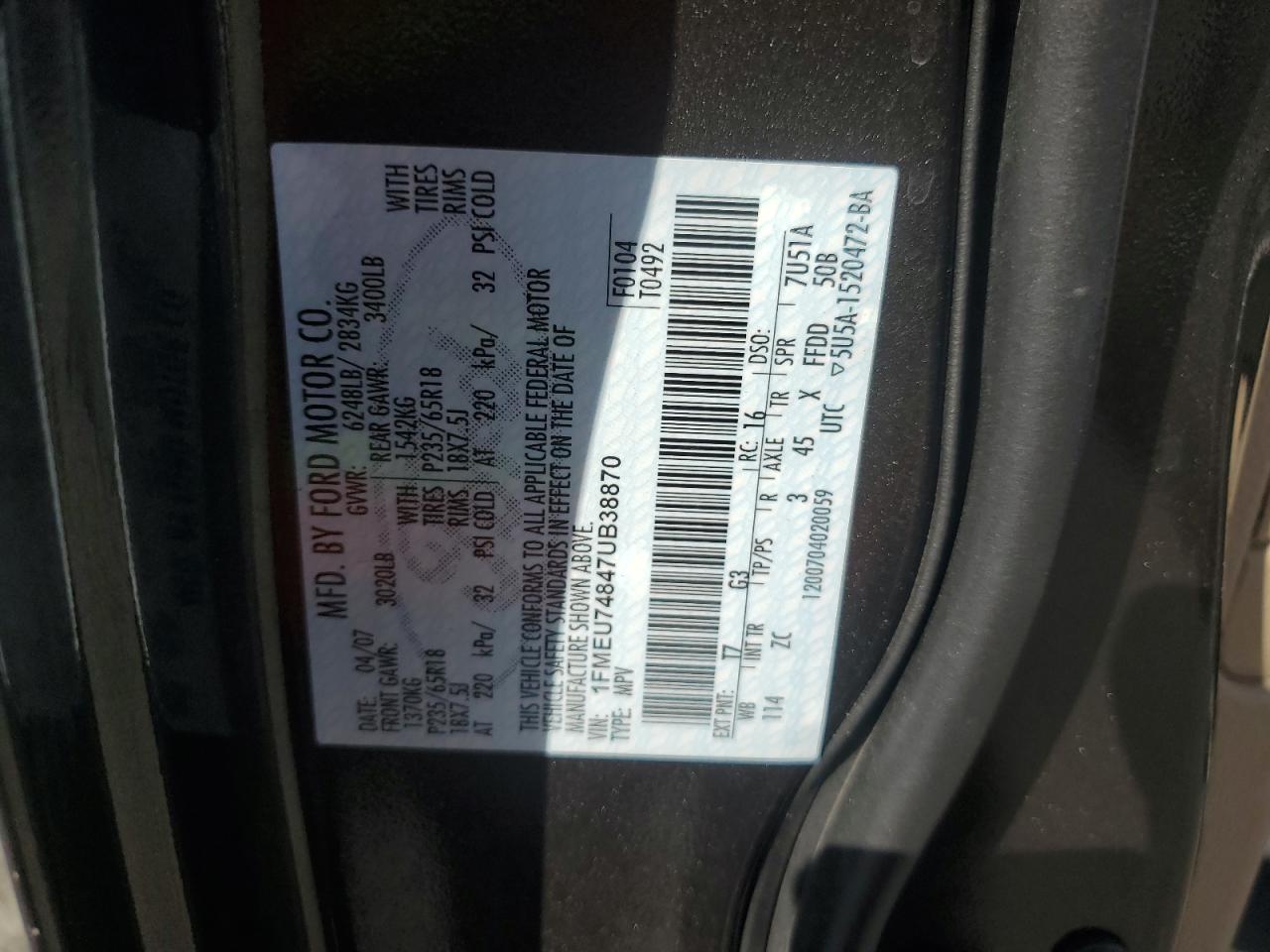 2007 Ford Explorer Eddie Bauer VIN: 1FMEU74847UB38870 Lot: 91650935