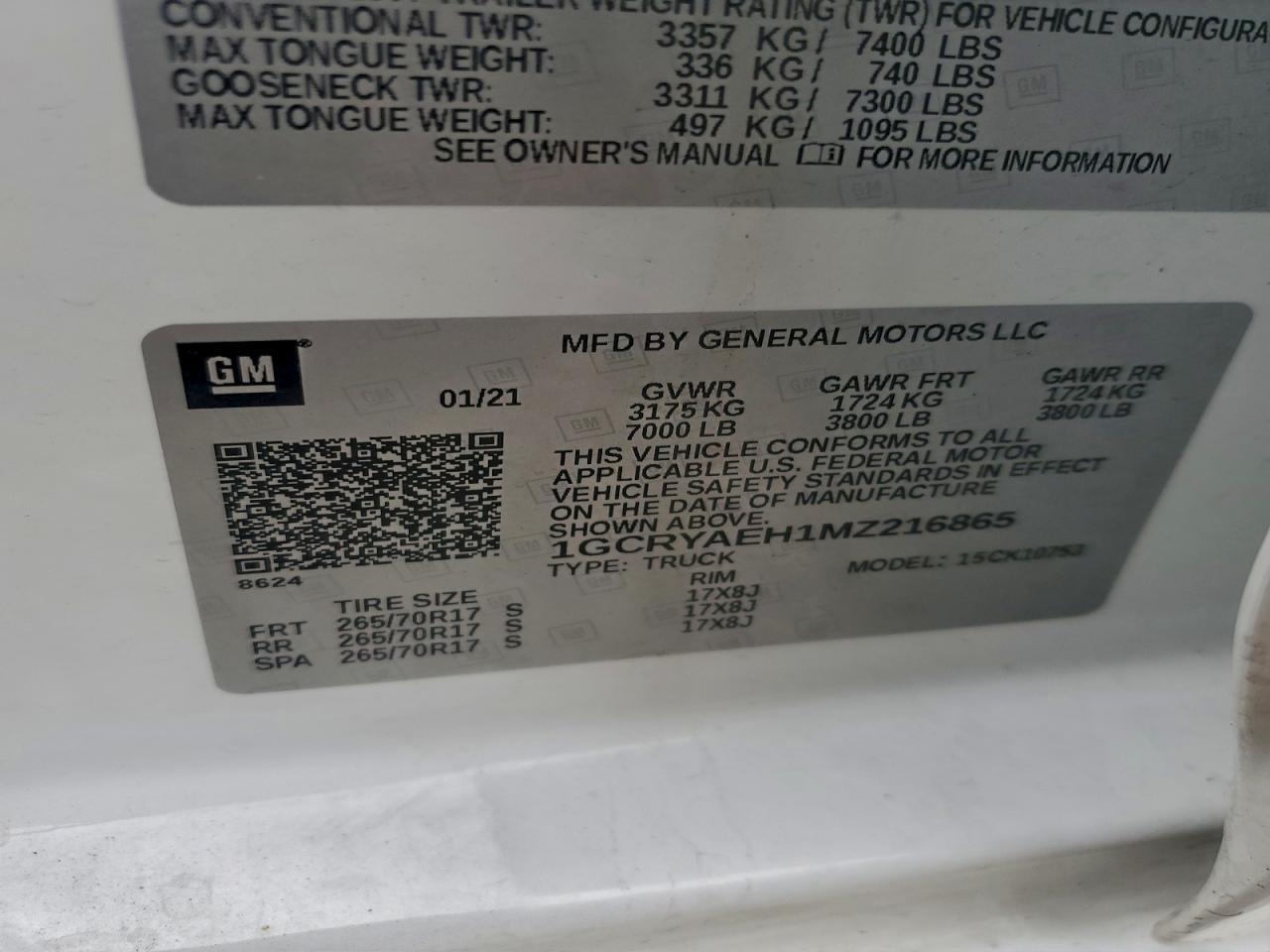 2021 Chevrolet Silverado K1500 VIN: 1GCRYAEH1MZ216865 Lot: 93345815