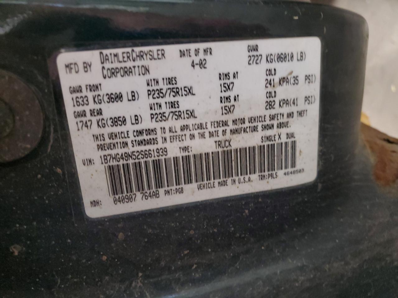 2002 Dodge Dakota Quad Slt VIN: 1B7HG48N52S661939 Lot: 93981285