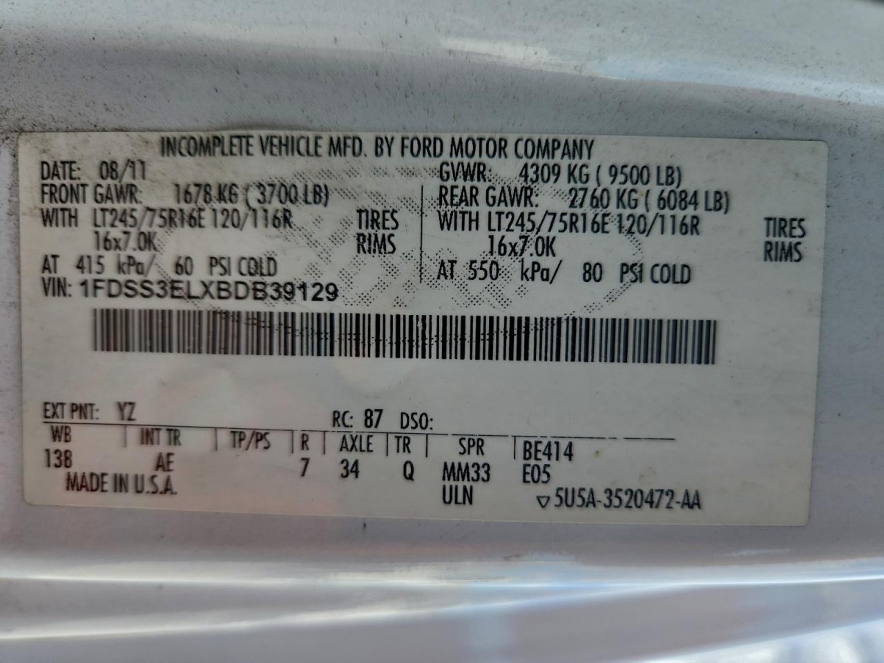 2011 Ford Econoline E350 Super Duty Van VIN: 1FDSS3ELXBDB39129 Lot: 94093315