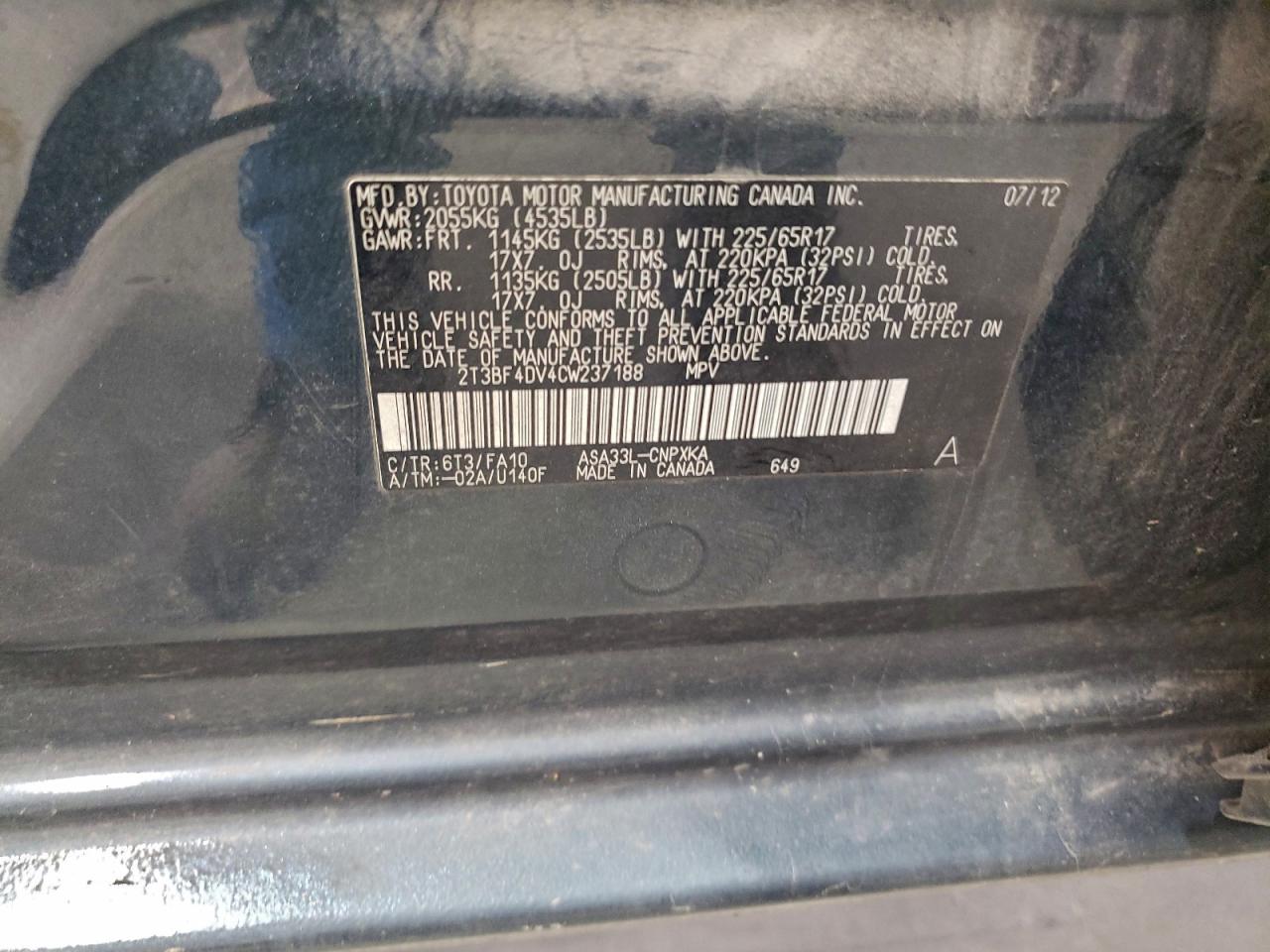 2012 Toyota Rav4 VIN: 2T3BF4DV4CW237188 Lot: 93515115