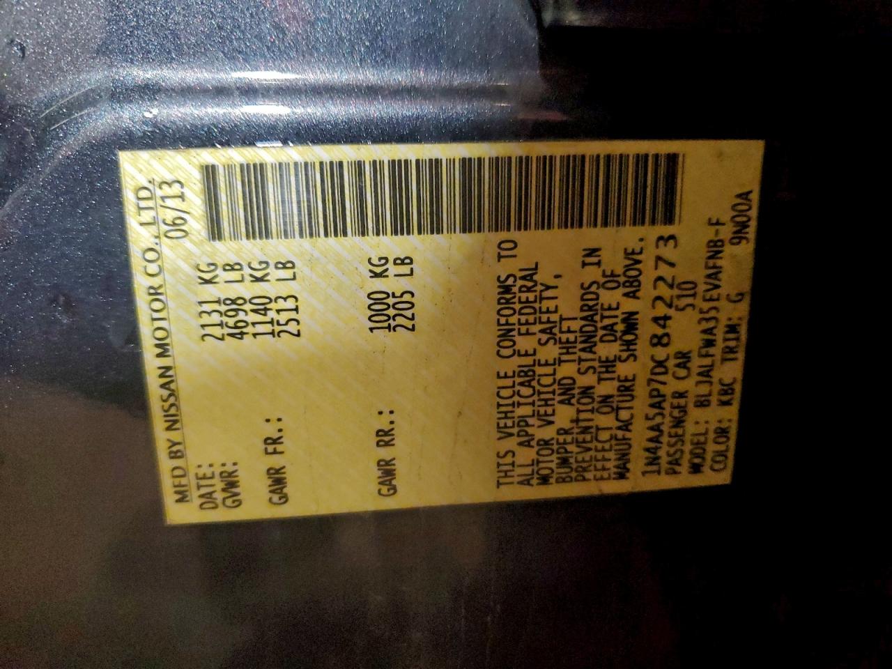 2013 Nissan Maxima S VIN: 1N4AA5AP7DC842273 Lot: 93955525