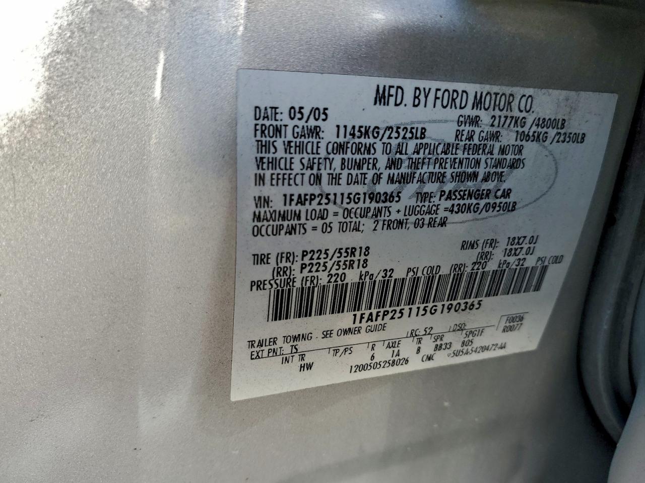 2005 Ford Five Hundred Limited VIN: 1FAFP25115G190365 Lot: 94354545