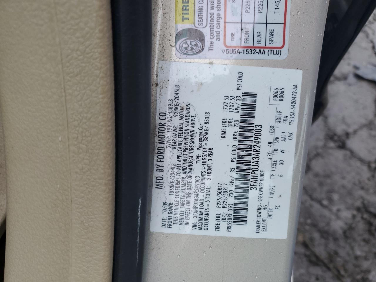 2010 Ford Fusion Sel VIN: 3FAHP0JA3AR249003 Lot: 92738555
