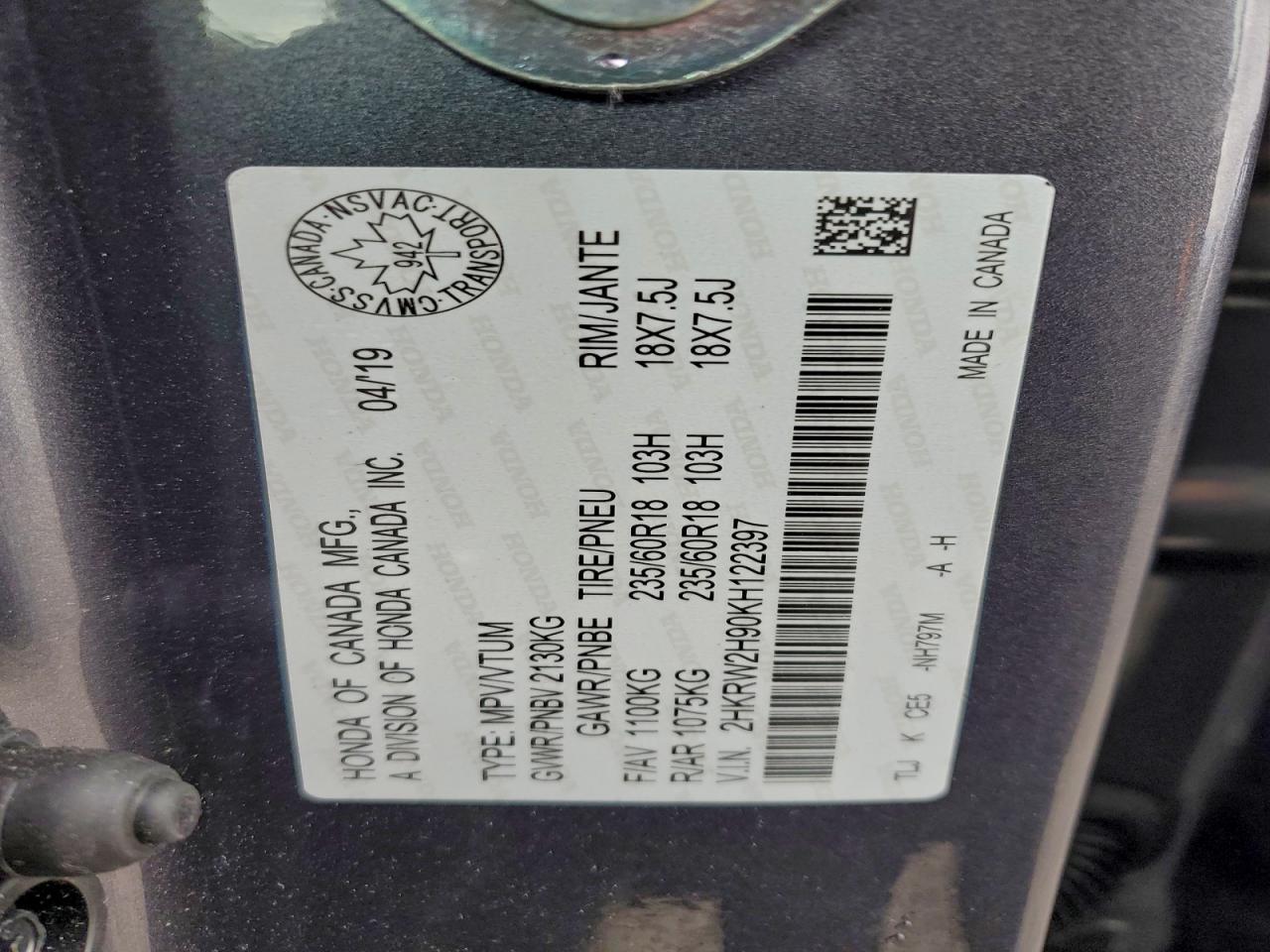 2019 Honda Cr-V Touring VIN: 2HKRW2H90KH122397 Lot: 92745635