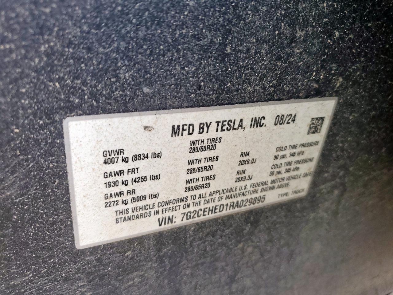 2024 Tesla Cybertruck VIN: 7G2CEHED1RA029895 Lot: 92804315