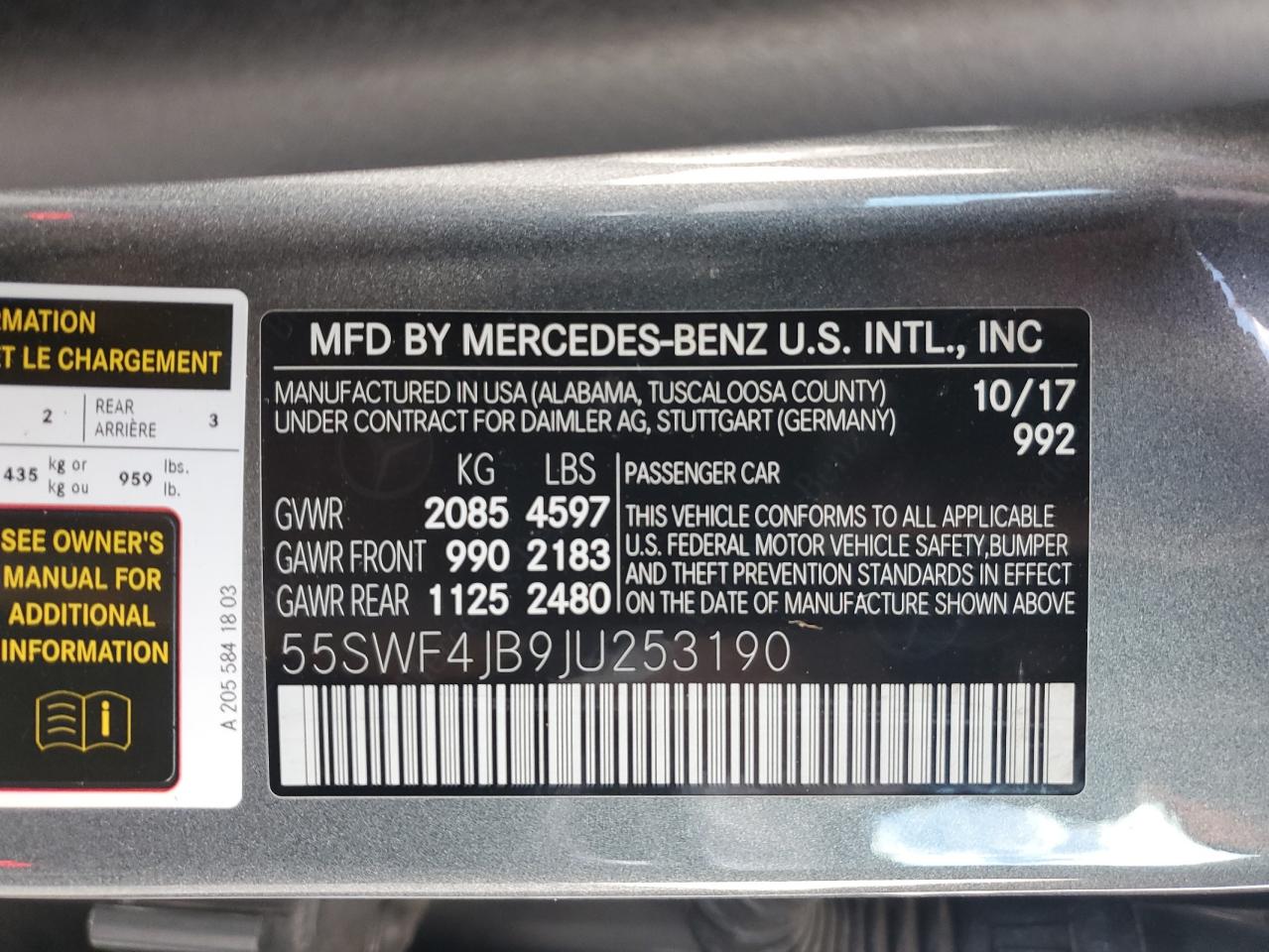 2018 Mercedes-Benz C 300 VIN: 55SWF4JB9JU253190 Lot: 93541825