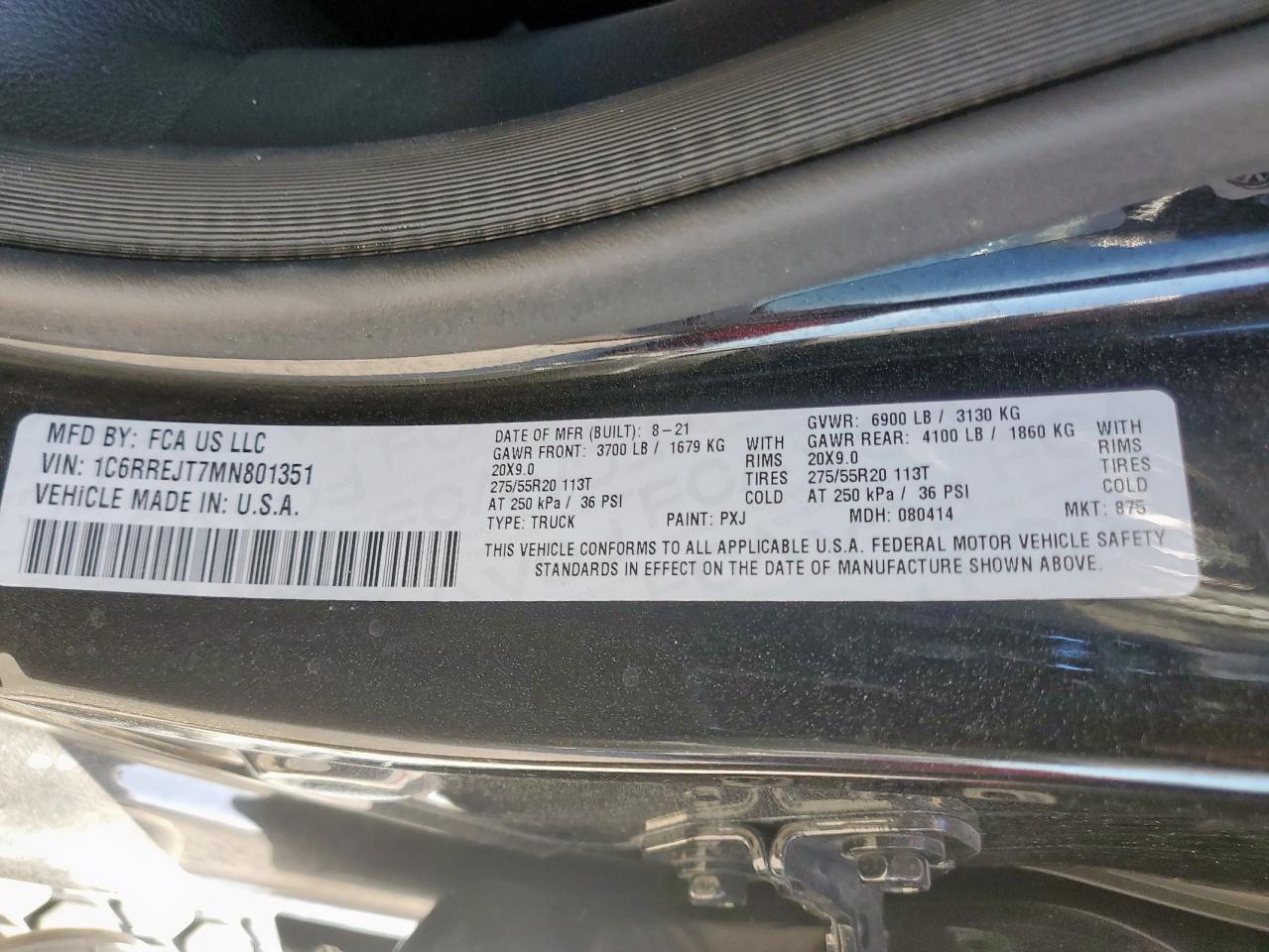 2021 Ram 1500 Laramie VIN: 1C6RREJT7MN801351 Lot: 92677645