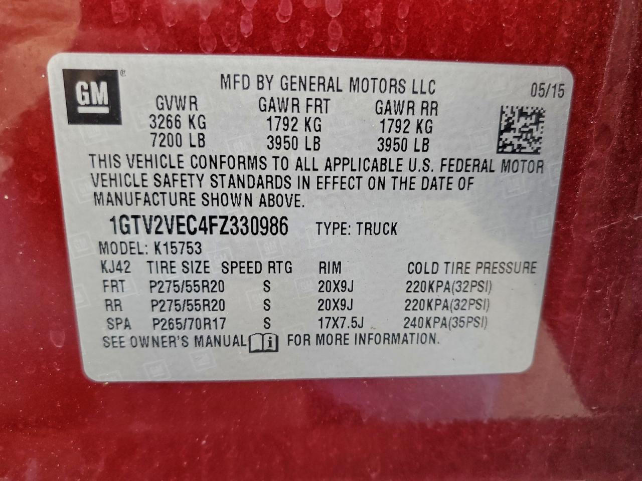 2015 GMC Sierra K1500 Slt VIN: 1GTV2VEC4FZ330986 Lot: 93667845