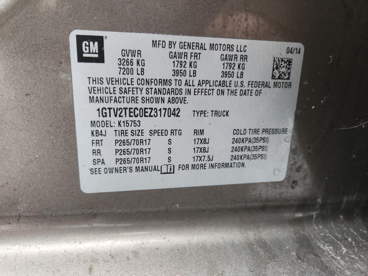 2014 GMC Sierra K1500 VIN: 1GTV2TEC0EZ317042 Lot: 91825095