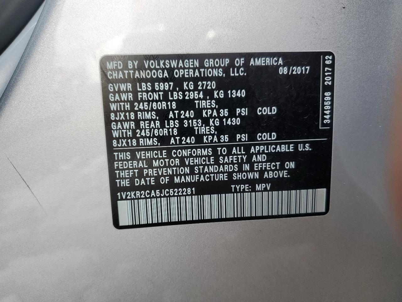 2018 Volkswagen Atlas Se VIN: 1V2KR2CA5JC522281 Lot: 92101245