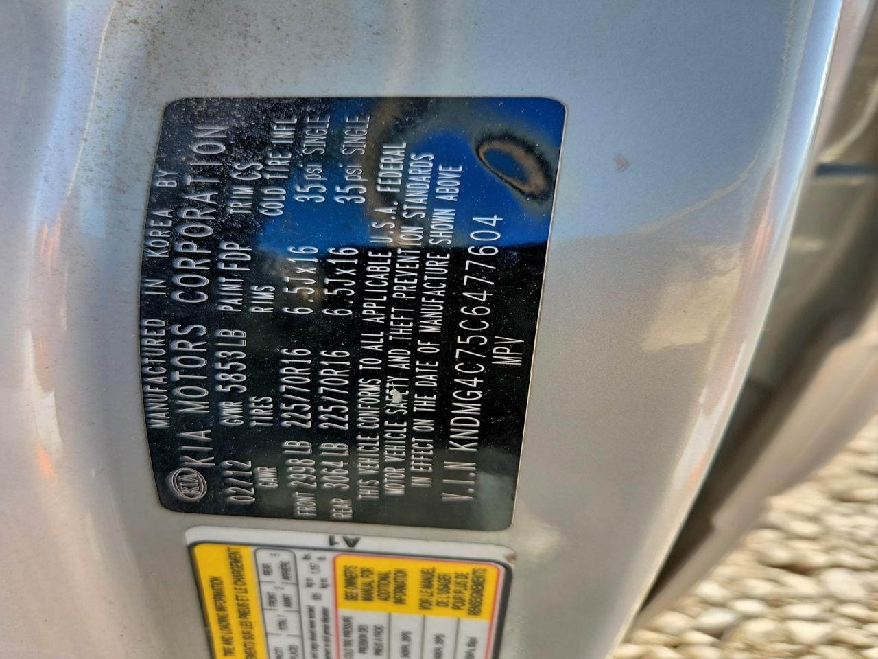 2012 Kia Sedona Lx VIN: KNDMG4C75C6477604 Lot: 94192635