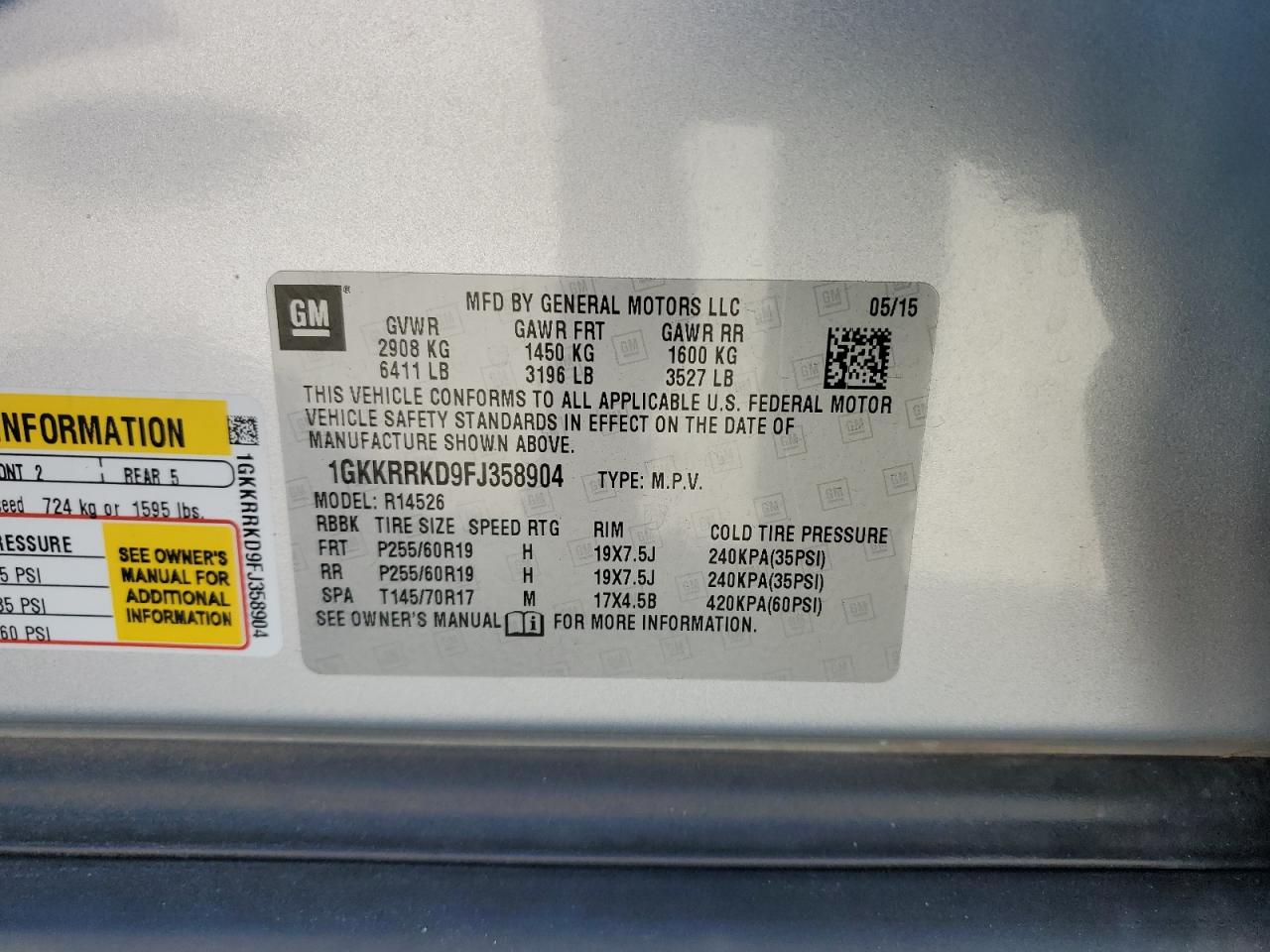 2015 GMC Acadia Slt-1 VIN: 1GKKRRKD9FJ358904 Lot: 91669405