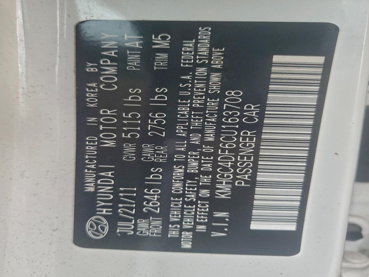 2012 Hyundai Genesis 4.6L VIN: KMHGC4DF6CU163708 Lot: 93951525