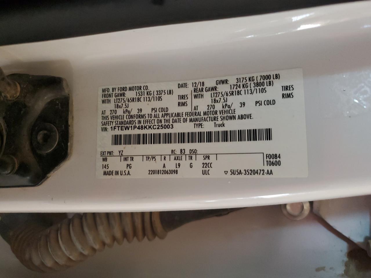 2019 Ford F150 Police Responder VIN: 1FTEW1P48KKC25003 Lot: 91518155