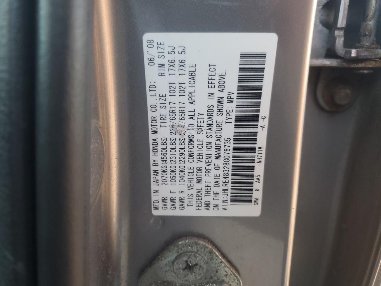 2008 Honda Cr-V Lx VIN: JHLRE48328C076735 Lot: 90761965