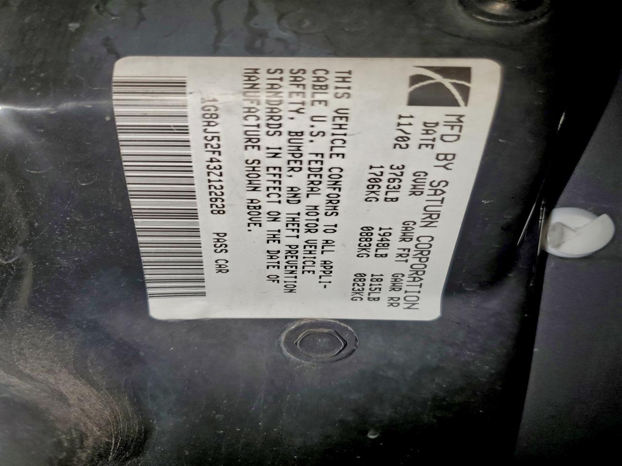 2003 Saturn Ion Level VIN: 122628 Lot: 95040135