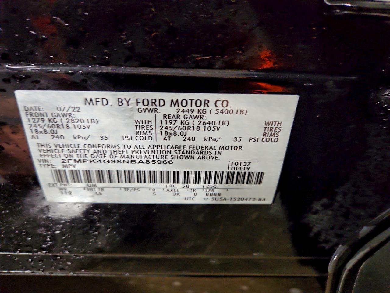 2022 Ford Edge Se VIN: 2FMPK4G98NBA85966 Lot: 93409345