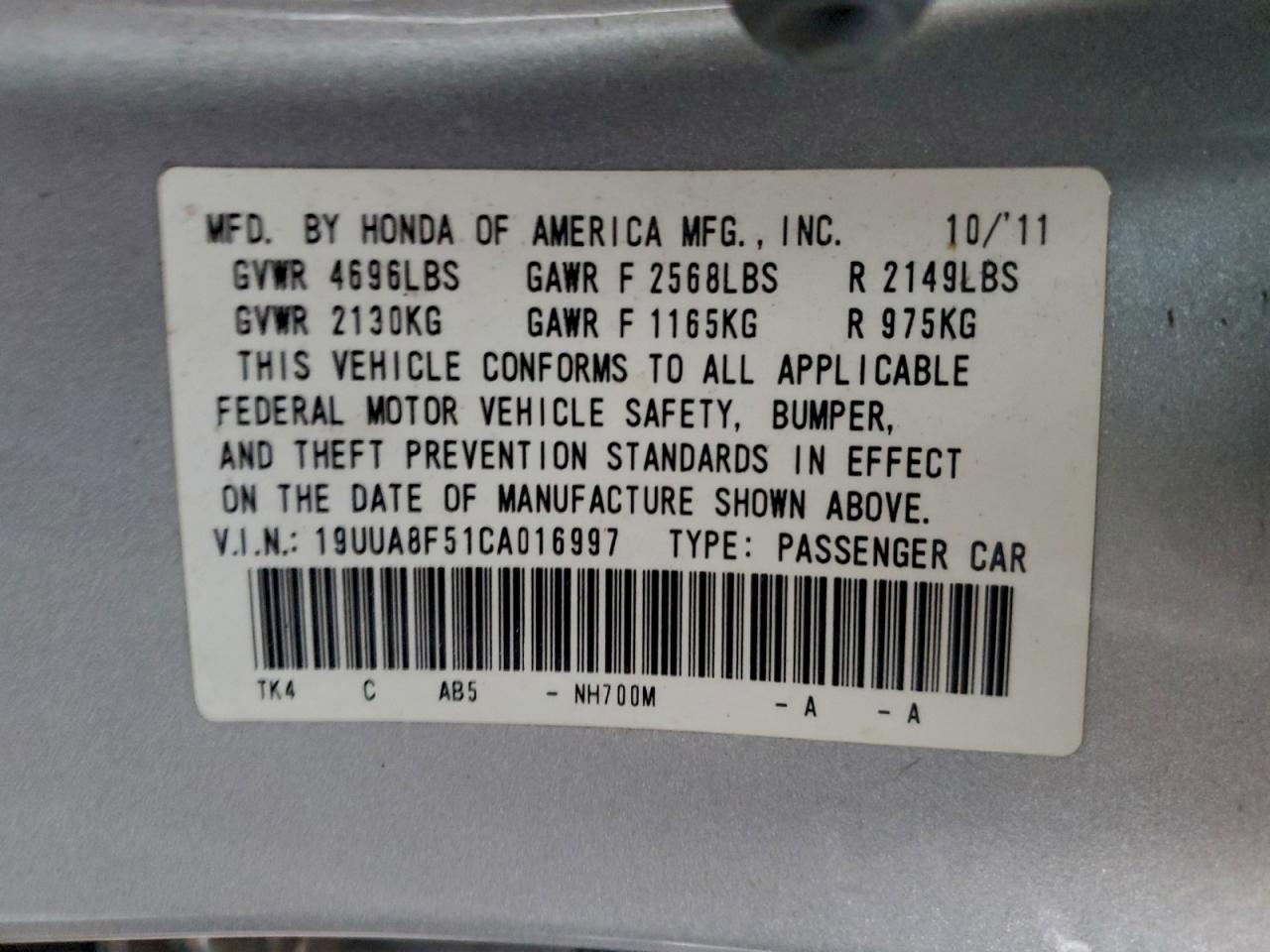 2012 Acura Tl VIN: 19UUA8F51CA016997 Lot: 94349035