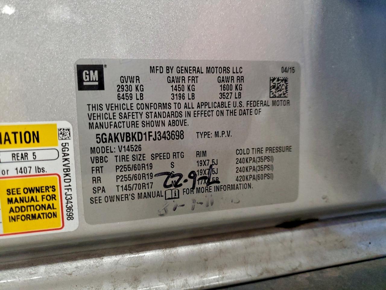 2015 Buick Enclave VIN: 5GAKVBKD1FJ343698 Lot: 94048365