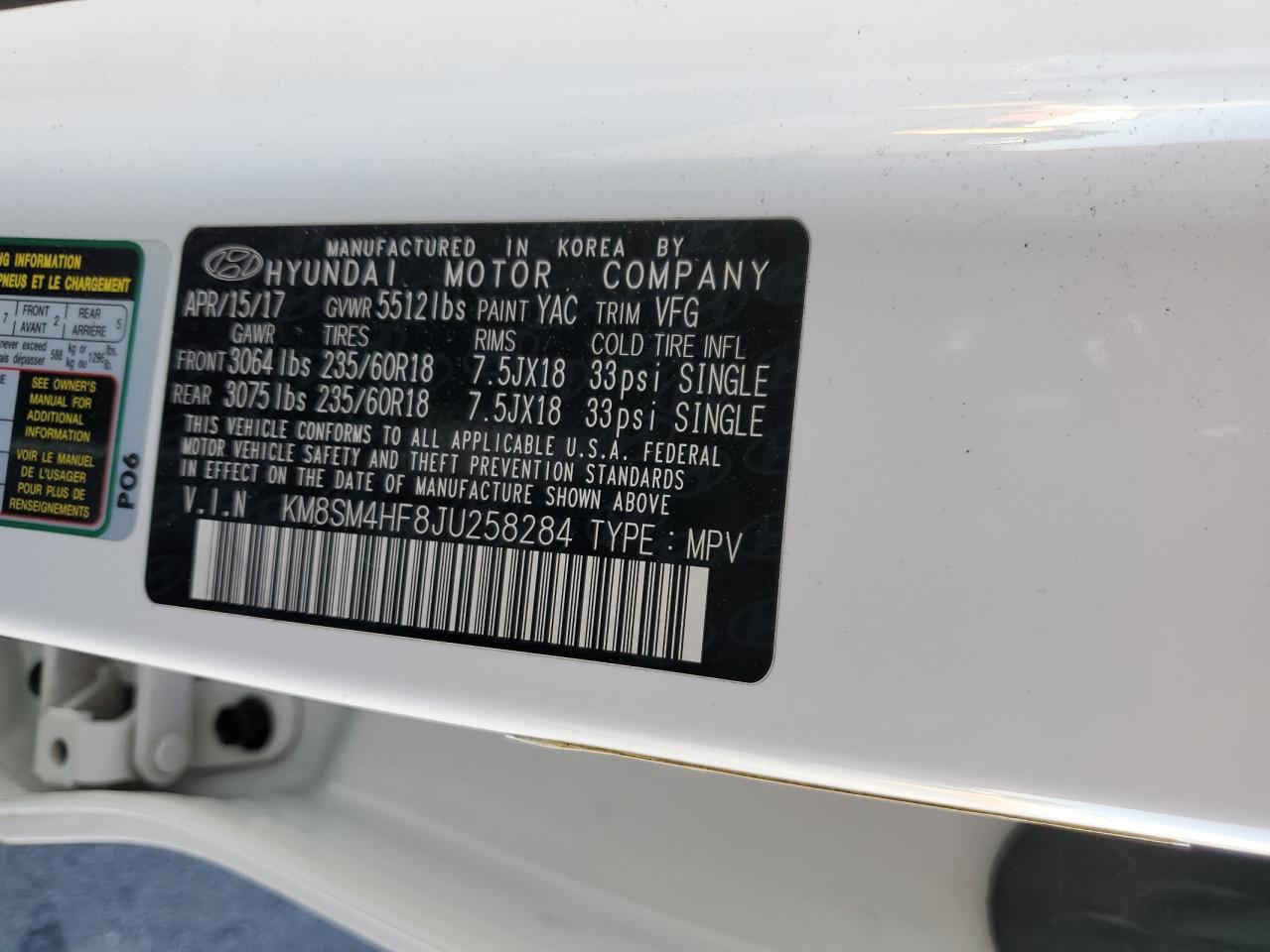 2018 Hyundai Santa Fe Se VIN: KM8SM4HF8JU258284 Lot: 91121755