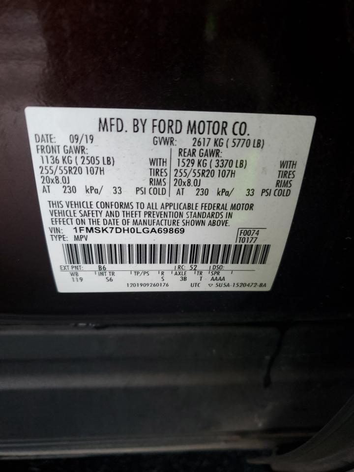 2020 Ford Explorer Xlt VIN: 1FMSK7DH0LGA69869 Lot: 91488815