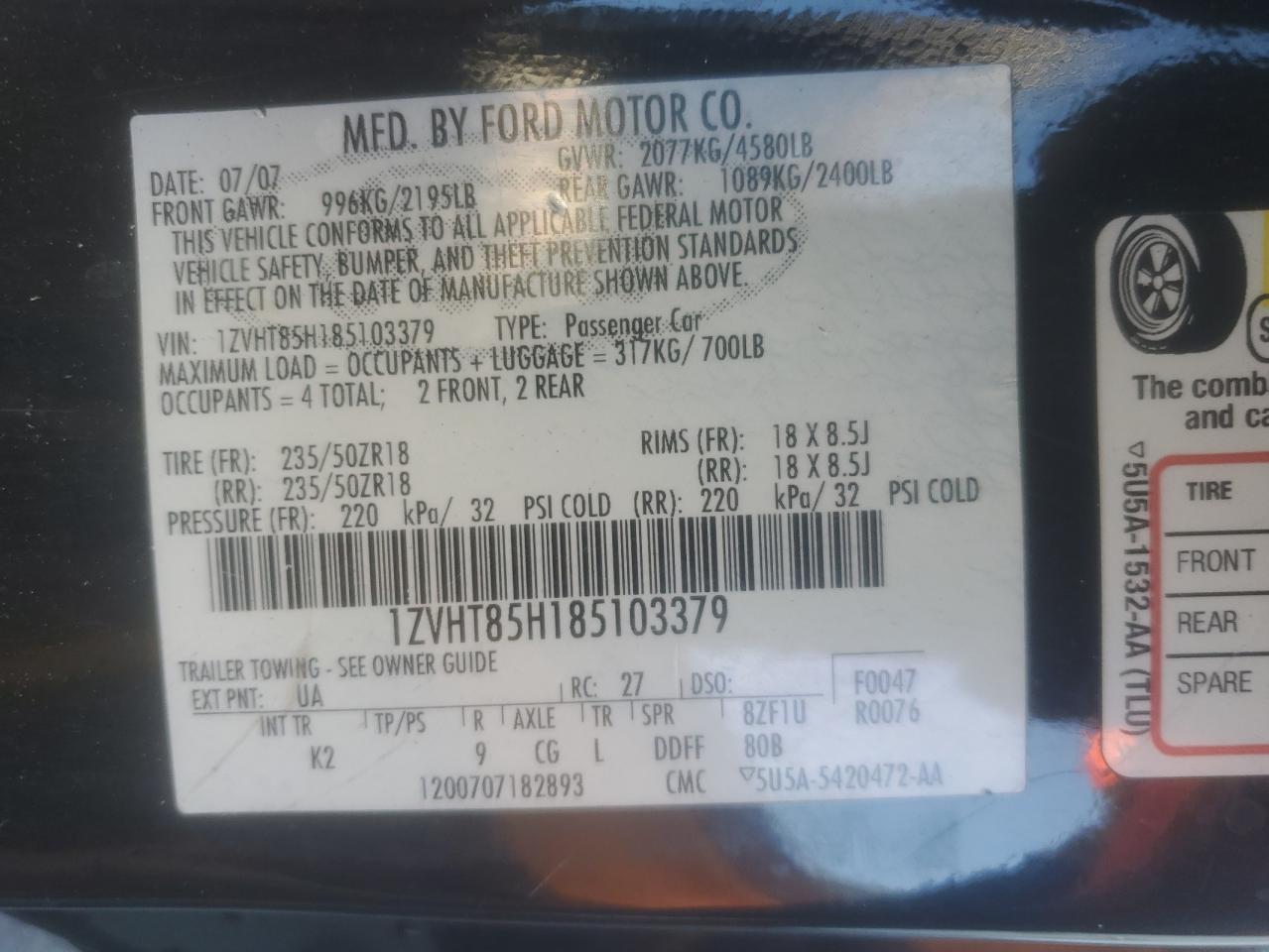 2008 Ford Mustang Gt VIN: 1ZVHT85H185103379 Lot: 91039645