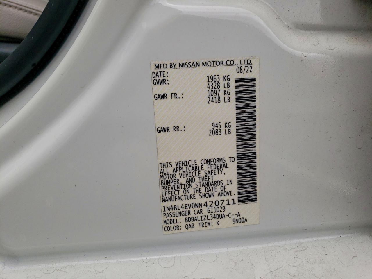 2022 Nissan Altima Sl VIN: 1N4BL4EV0NN420711 Lot: 94733585