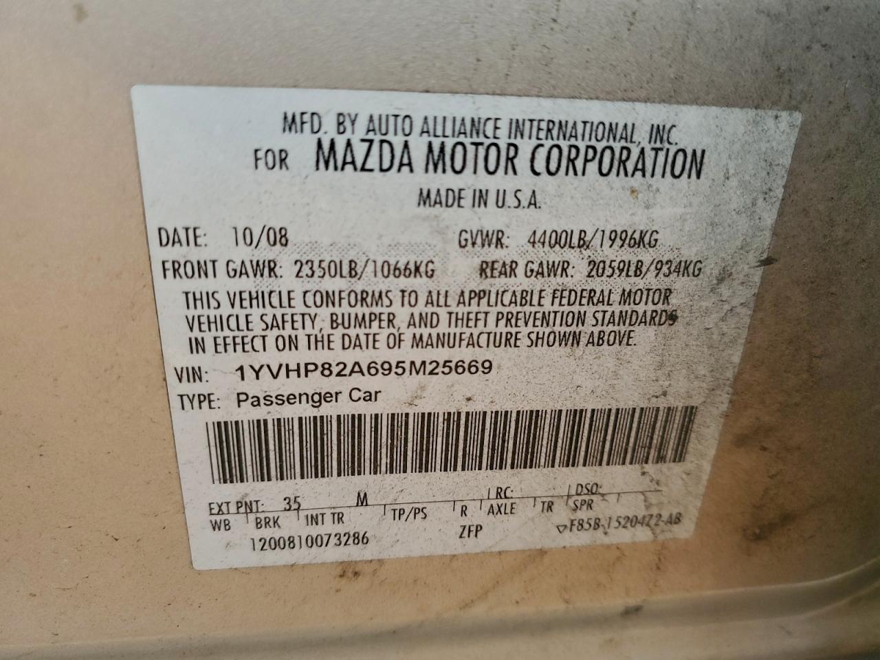 2009 Mazda 6 I VIN: 1YVHP82A695M25669 Lot: 94265125