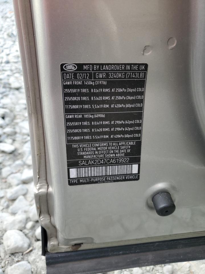 2012 Land Rover Lr4 Hse Luxury VIN: SALAK2D47CA619922 Lot: 91386555