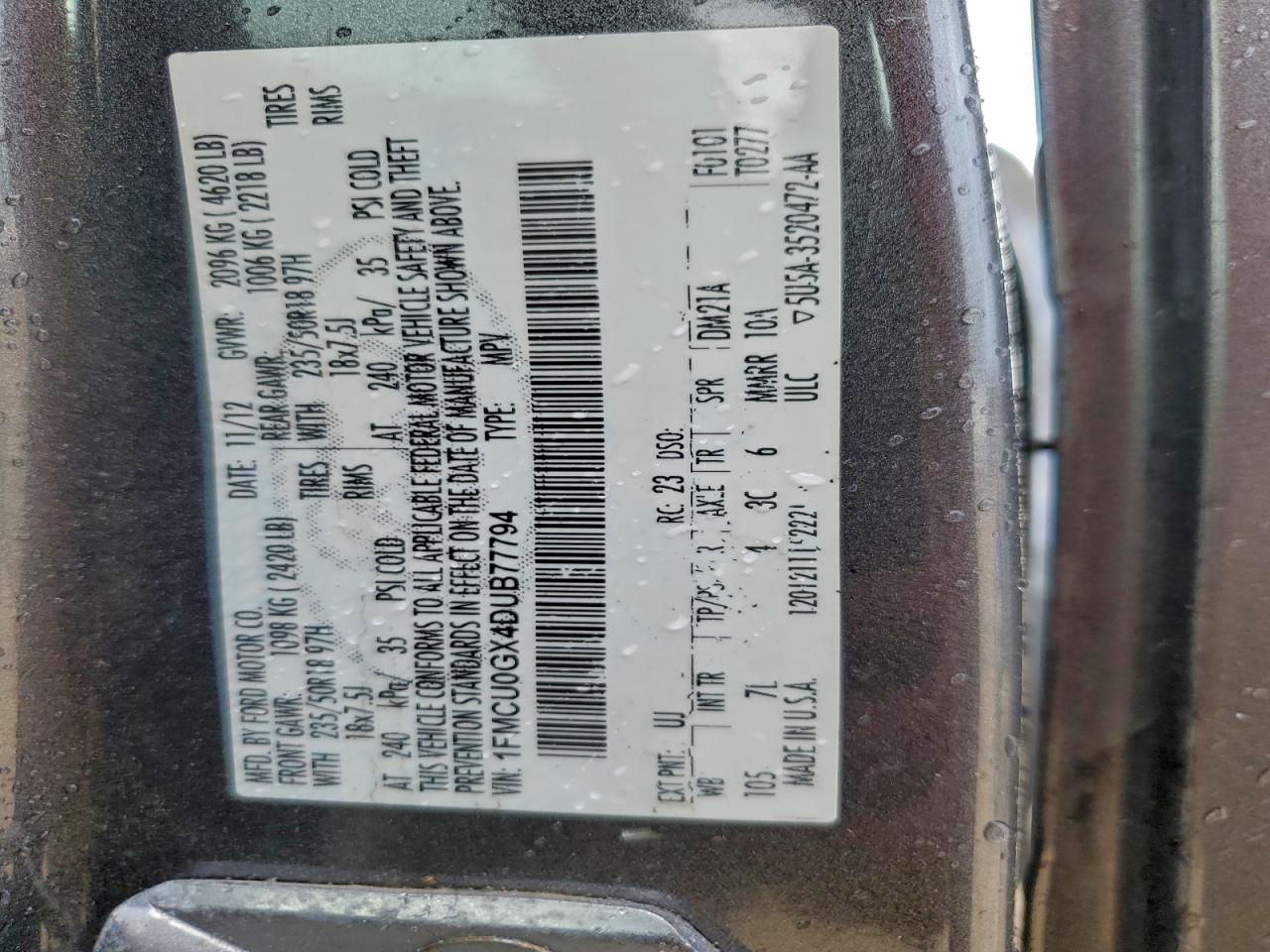 2013 Ford Escape Se VIN: 1FMCU0GX4DUB77794 Lot: 94465545