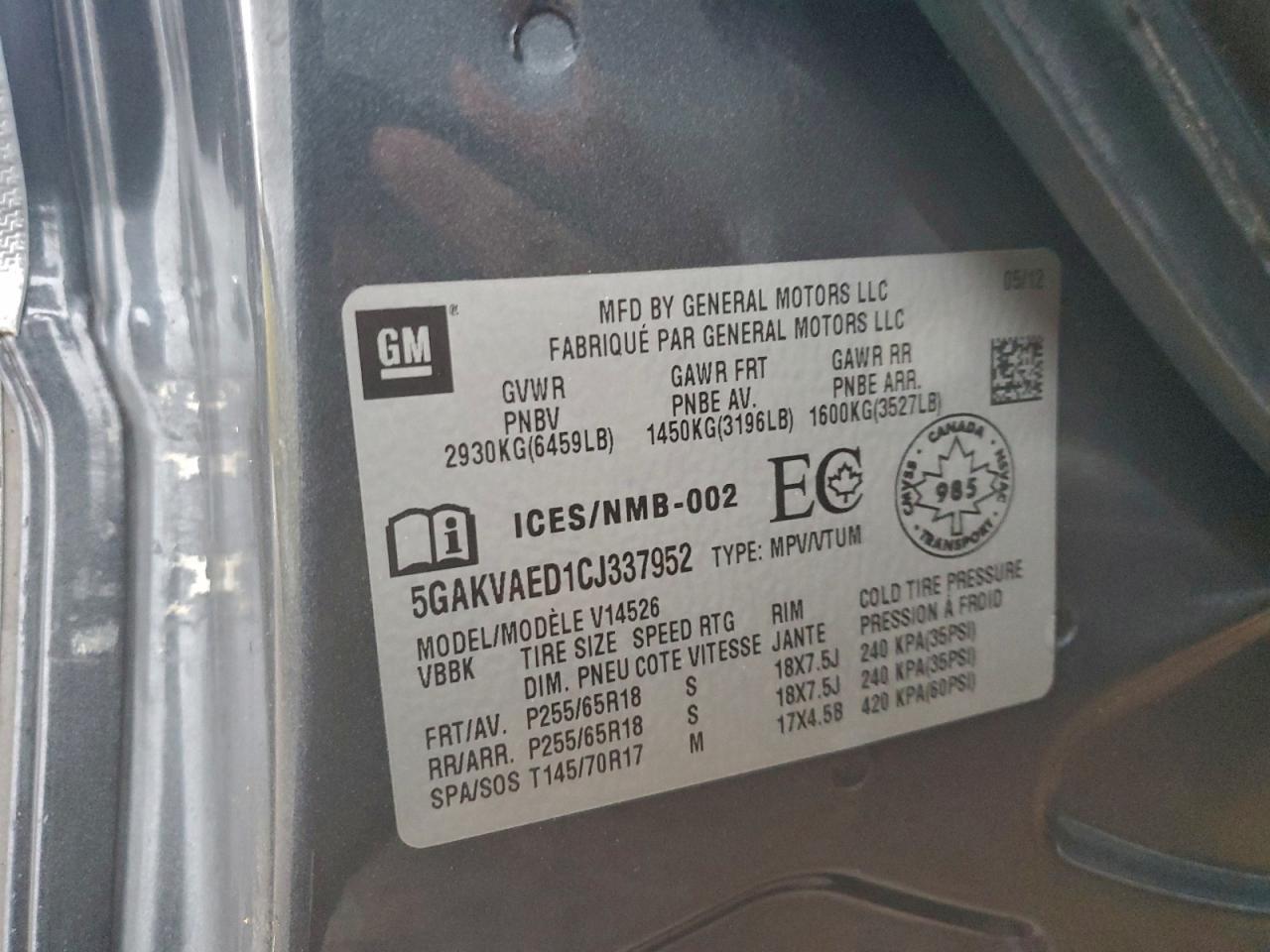 2012 Buick Enclave VIN: 5GAKVAED1CJ337952 Lot: 94409295