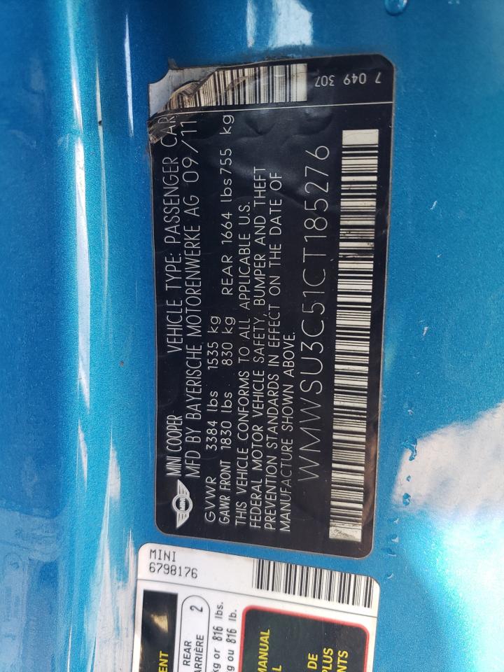 2012 Mini Cooper VIN: WMWSU3C51CT185276 Lot: 91617455