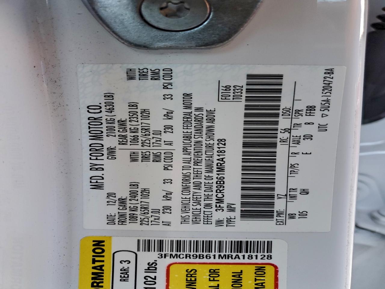 2021 Ford Bronco Sport Big Bend VIN: 3FMCR9B61MRA18128 Lot: 94662965