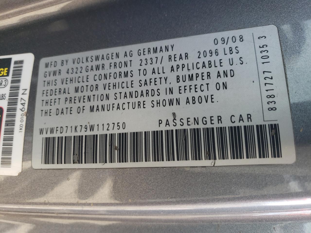 2009 Volkswagen Gti VIN: WVWFD71K79W112750 Lot: 91784345