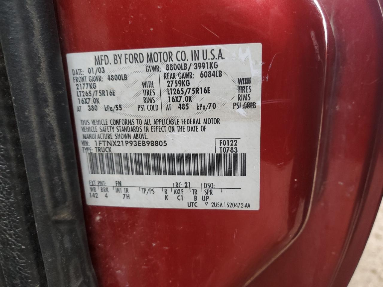 2003 Ford F250 Super Duty VIN: 1FTNX21P93EB98805 Lot: 93638405