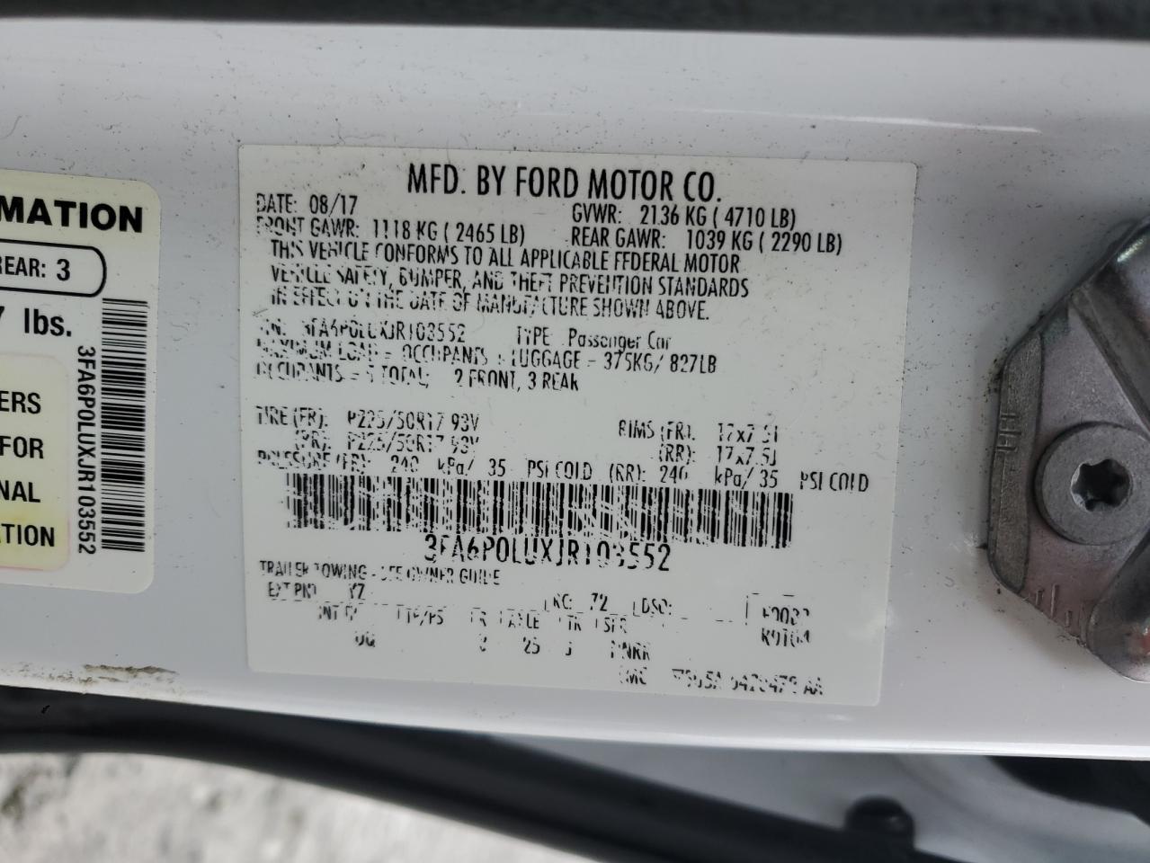 2018 Ford Fusion Se Hybrid VIN: 3FA6P0LUXJR103552 Lot: 92905355