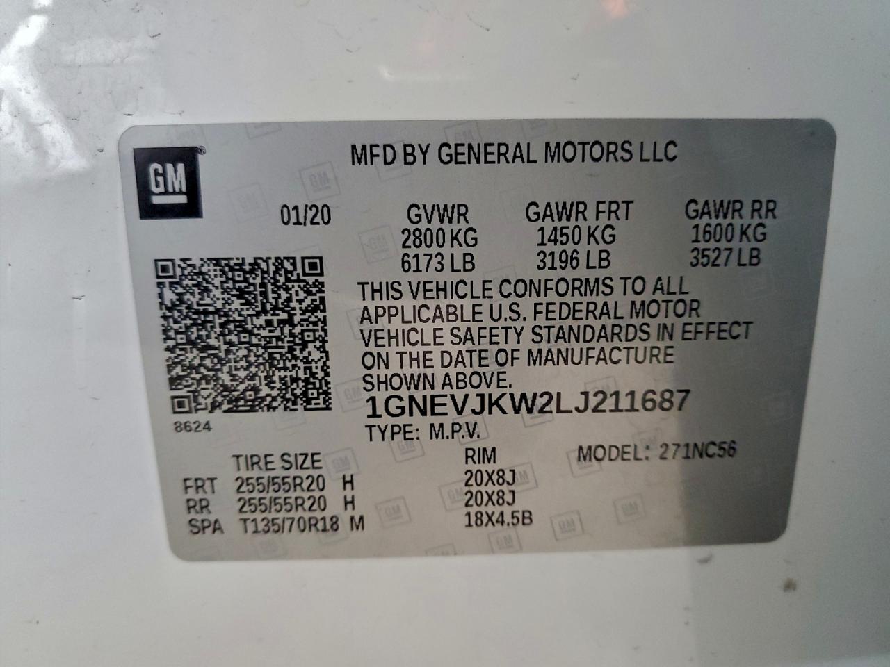 2020 Chevrolet Traverse Rs VIN: 1GNEVJKW2LJ211687 Lot: 94038045