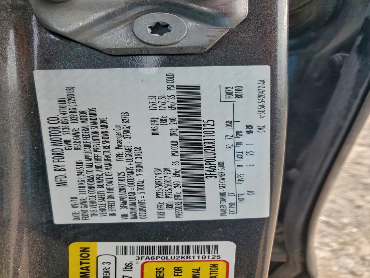 2019 Ford Fusion Se VIN: 3FA6P0LU2KR110125 Lot: 94295635