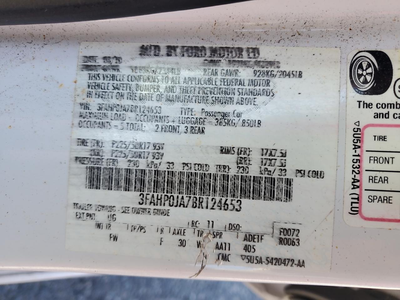 2011 Ford Fusion Sel VIN: 3FAHP0JA7BR124653 Lot: 93109205